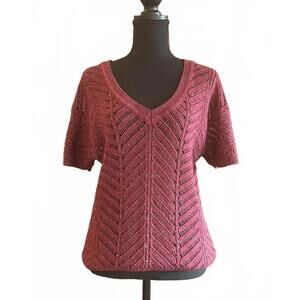 Vanity Womens Top Medium Burgundy Metallic Knit Weave Cottagecore